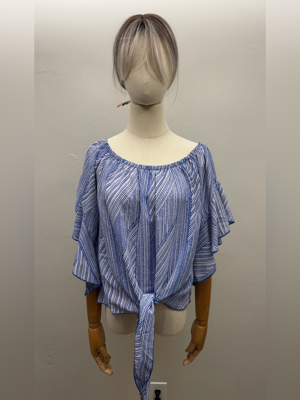 Tyche Blue White Striped Off Shoulder Tie Front Flutter Sleeve Blouse M